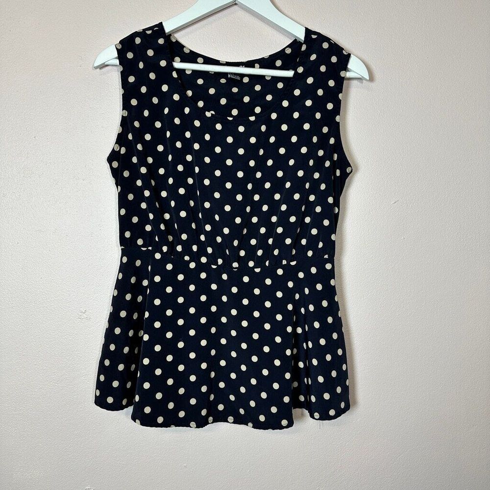 FOREVER 21 Navy Cream Polka Dot Peplum Blouse, Size Large